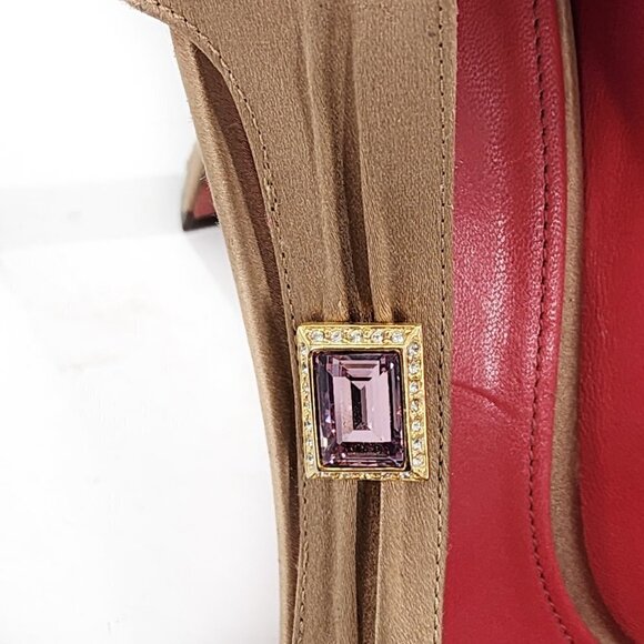 JUDITH LEIBER Tan Satin Pumps Heels With Amethyst Jewel - Picture 6 of 13